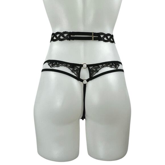 Aubade Women's Black Lace Strappy Crotchless Garter Belt Thong Underwear Panty S - Picture 2 of 2